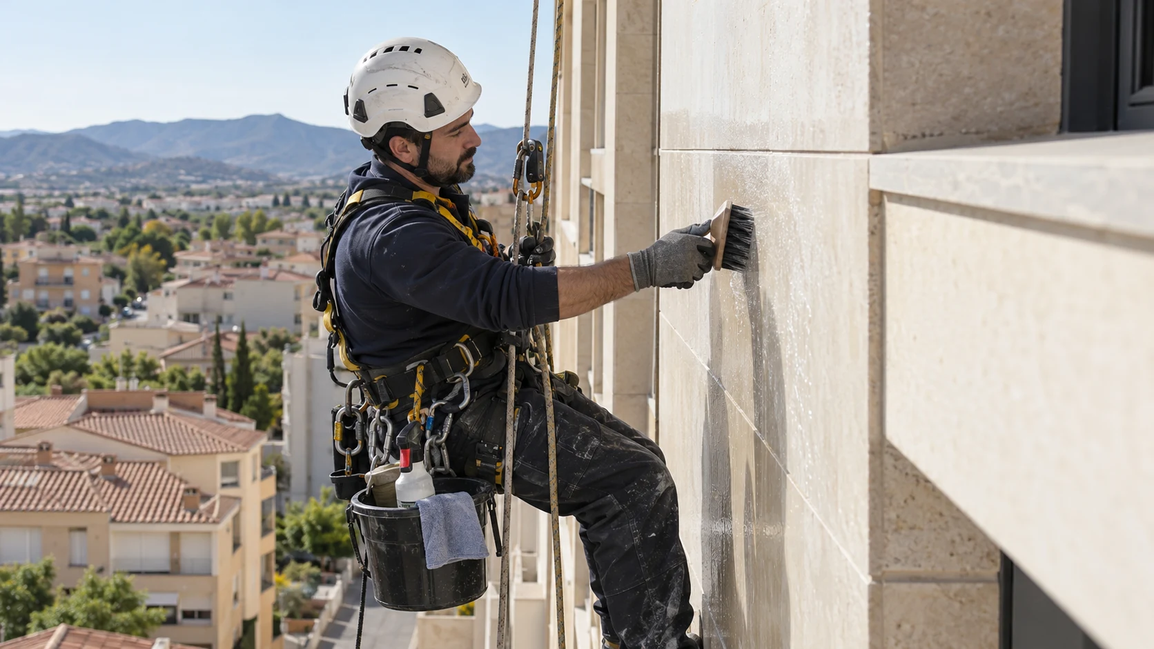 Limpieza técnica de piedra en fachada alta